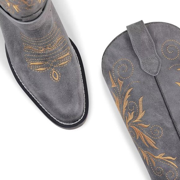 Women's Embroidered Gray Removable Belt Low Block Heel Round Western Boots - Picture 3 of 6